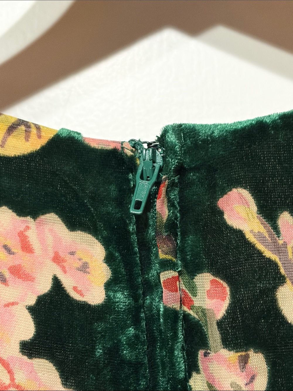 •Modcloth• Metallic Emerald Velvet Maxi Dress with Pink Floral - Picture 8 of 15